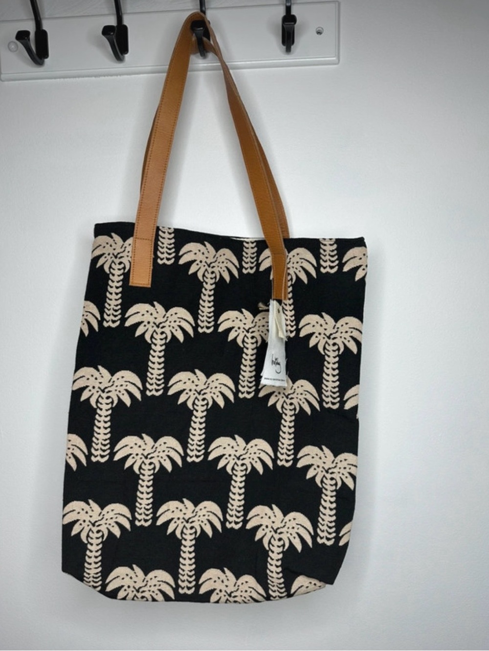 Holiday Palm Tree Pattern Black Canvas Tote with Tan Handles NWT